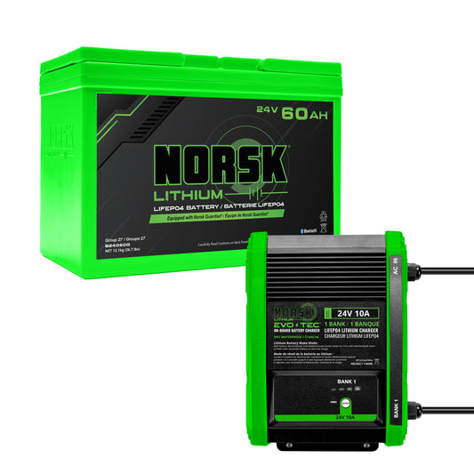 Norsk Lithium 24V Trolling Motor Power Package with 60Ah LiFePO₄ Battery and 24V EVO-TEC On-Board Charger