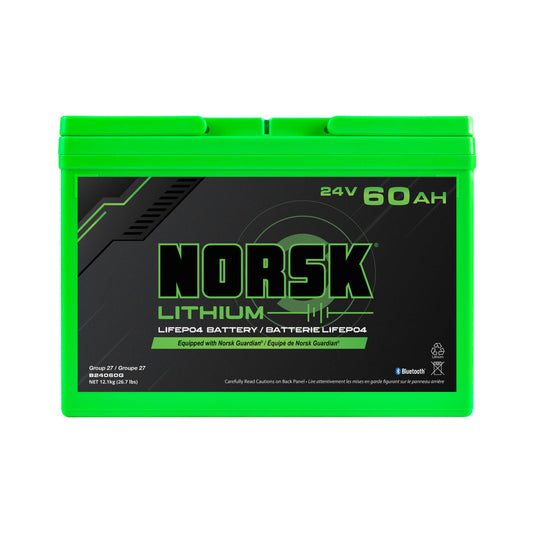 Front view of 24V 60Ah LiFePO4 lithium trolling motor battery by Norsk Lithium