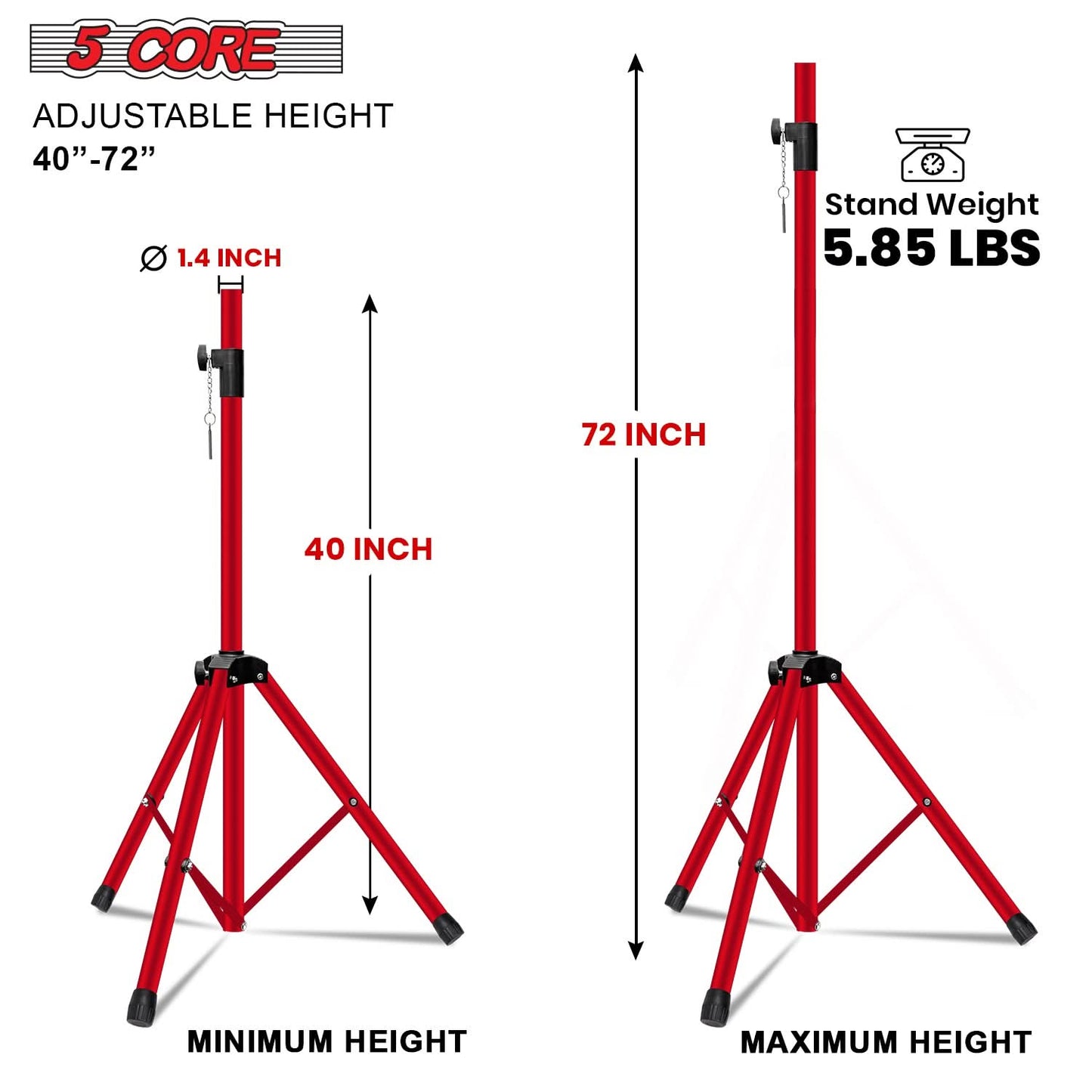 5Core Speaker Stand Tripod Tall Adjustable 72 Inch DJ Pole Mount Studio Monitor Stands RED 2 PK-1
