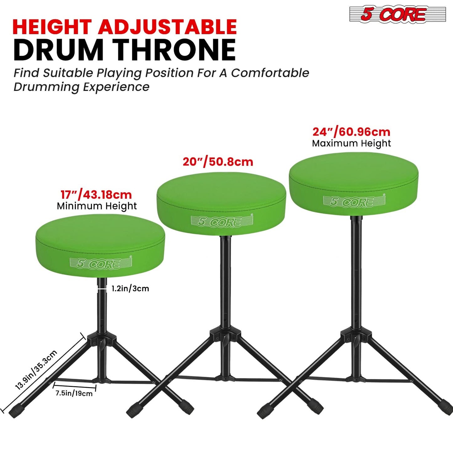 5 Core Drum Throne 3" Thick Padded Comfortable Guitar Stool Drummer Chair Adjustable Musician Seat-3