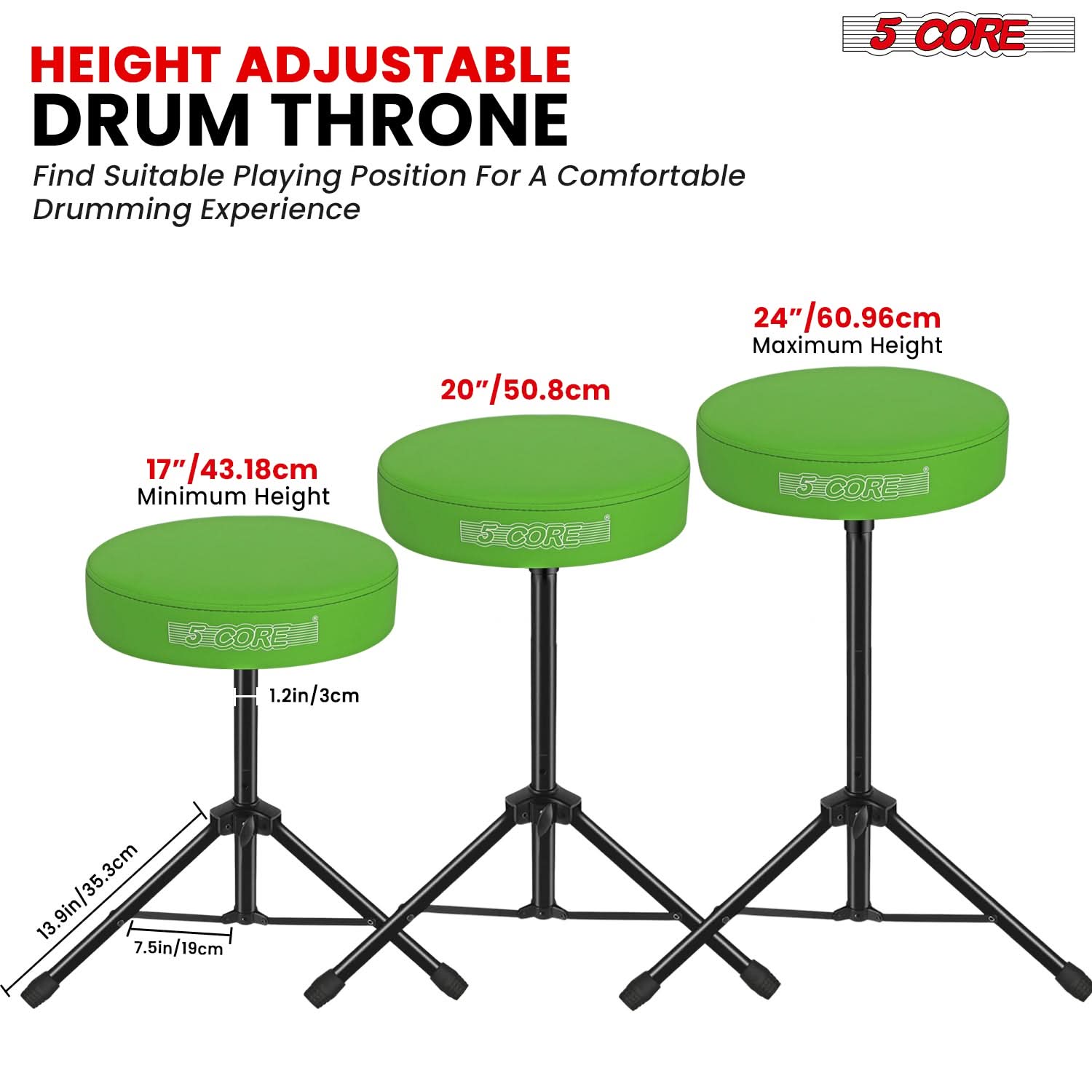 5 Core Drum Throne 3" Thick Padded Comfortable Guitar Stool Drummer Chair Adjustable Musician Seat-3